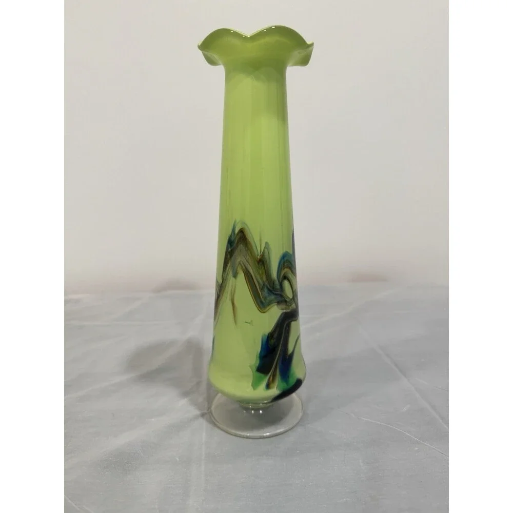 Tall Hand Blown Art Glass Vase Green Swirl Trumpet Rim Studio Glass Modern